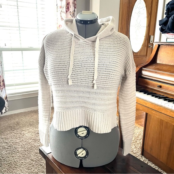 Aeropostale Knit Cropped Hooded Sweater Cream Womens Sz Medium Boho - Picture 11 of 14